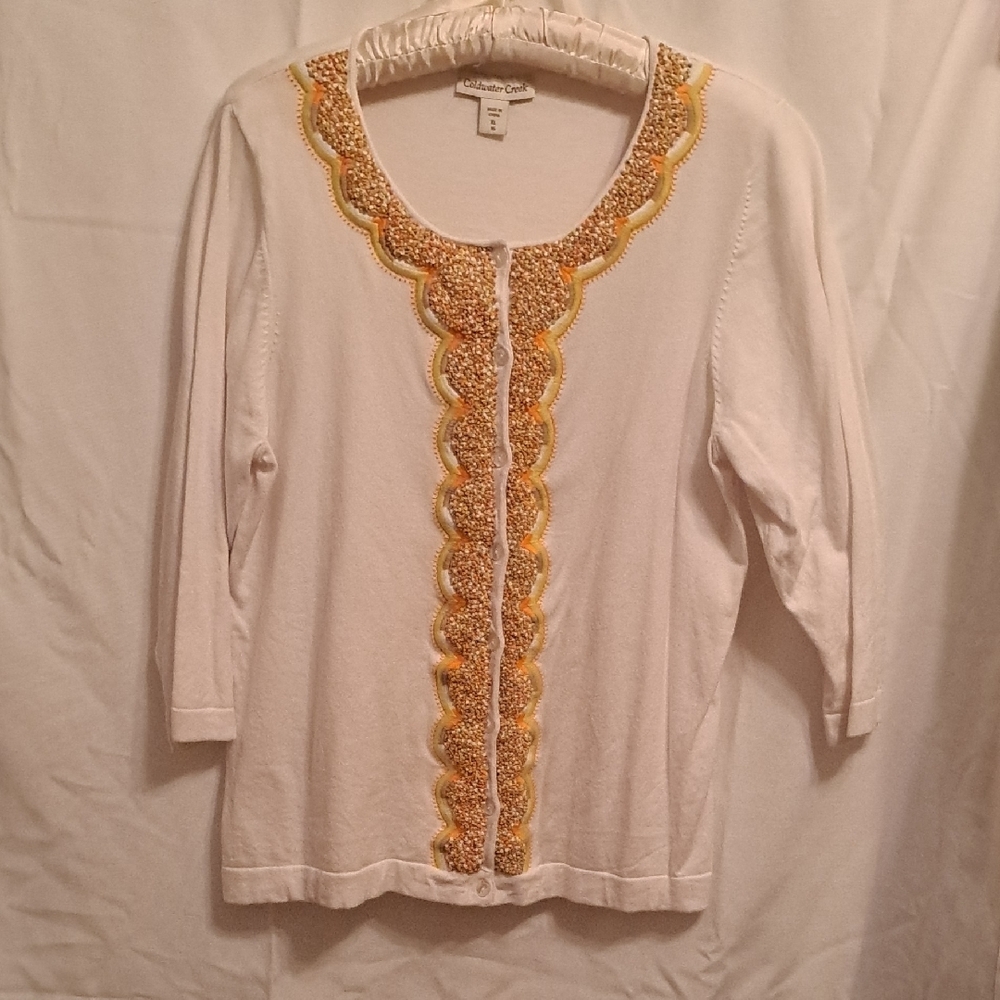 Coldwater Creek Embellished 3/4 Sleeve Cardigan in Orange and Cream